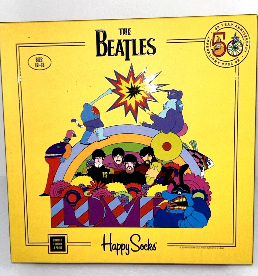 The Beatles Happy Socks Second Edition 3pk Gift Set Size 10-13 3 Pairs