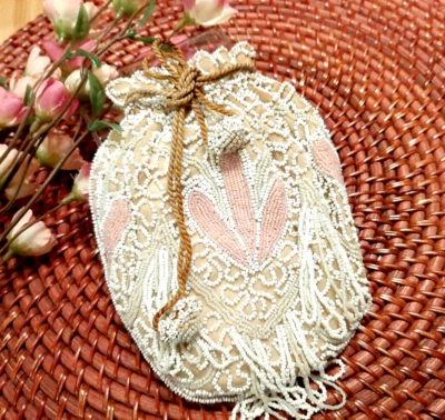 Vintage Glass Beaded Silk Drawstring Purse , Evening Bag Pink , White , Beige - Image 1 of 4