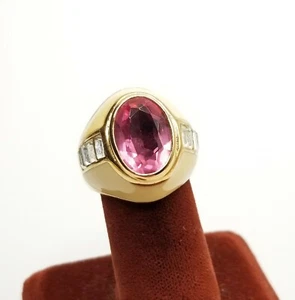 Vtg Sz 8 Ring Esposito ESPO 14K GE Pink Rhinestone Baguettes Enamel Jewelry