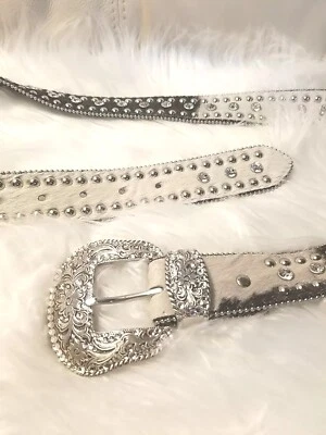 Vintage Nocona Belt Womens Sz Plus XL Cowhide Fur Rhinestones Studs Black White  - Image 1 of 4