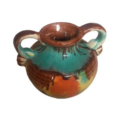 Vase Henkel Griffe Braun Orange Türkis Krug Emailliert Grün Unikat Blumentopf - Bild 1 von 2