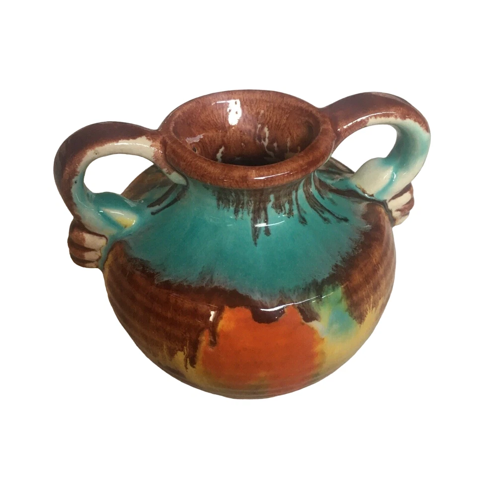 Vase Henkel Griffe Braun Orange Türkis Krug Emailliert Grün Unikat Blumentopf - Bild 1 von 2