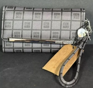 Steve Madden Wallet Wristlet Saddle Zip Vegan Logo Print Black Gray Silver NWT - Picture 1 of 14