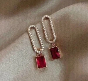 2Ct Emerald Cut Lab Created Red Ruby Drop Dangle Earring in 14K Rose Gold Plated - Picture 1 of 6