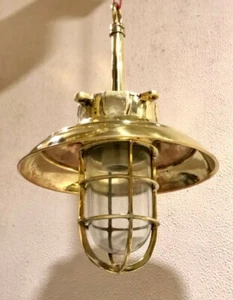 Nautical Decor Brass Hanging Lamp | Antique Ceiling Light w/ Deflector Shade - Picture 1 of 10