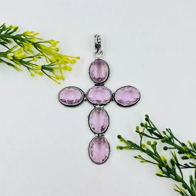 Colgante Cruz Plata de Ley 925 Corte Rosa Topacio Piedras Preciosas Joyería Regalo Foto 1 de 4