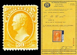Scott O9 1873 30c Agriculture Official Mint Fine OG Cat $550 with PF CERT - Picture 1 of 2
