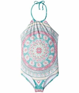 $88 Billabong Girls' Blue Pink Printed Stretch Halter One-Piece Swimwear Size 10 - Picture 1 of 2