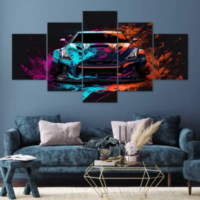 Abstract Colorful Nissan GTR Luxury Sports Car 5 Piece Panel Canvas Wall Art - Image 1 of 3
