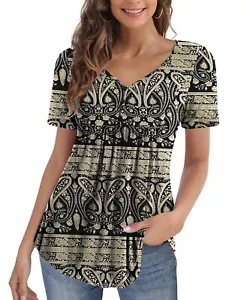 Womens Summer Tops V Neck Buttons Pleated Flared Plus Size Blouses, Beige, MED - Picture 1 of 5