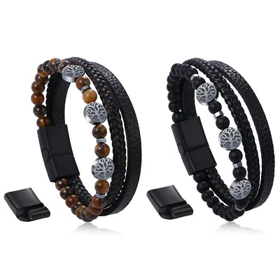 Multilayer Men Braided Black Onyx Stone Leather Bracelet Tree of Life Bangle - Image 1 of 4