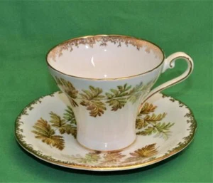 Vintage AYNSLEY England Green Brown LEAVES Corset Shape Set Cup & Saucer #2720 - Picture 1 of 4