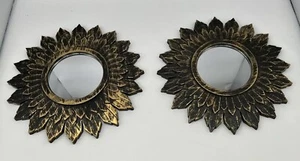 SUNFLOWER MIRRORS Plastic Wall Art Decor Black Gold Trim 9.75” Set of 2 - Picture 1 of 9