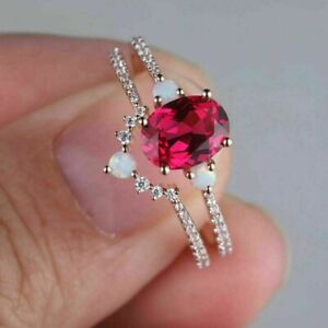 2Ct Oval Lab-Created Red Ruby Bridal Set Engagement Ring 14K Rose Gold Plated