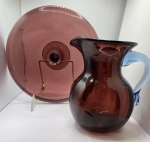 Vintage Hand Blown Cranberry Glass Blue Handled Pitcher & Footed Cake Stand Set - Picture 1 of 8