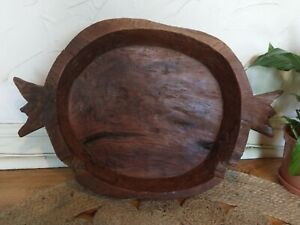 Beautiful Large Antique Rustic Hand Carved Wooden Parat Bowl Dish - Old Repairs