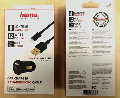 2X Cargador de coche HAMA de 2,4 amperios iPhone iPad con cable Lightning MFI de alta resistencia de 6 pies Foto 1 de 4