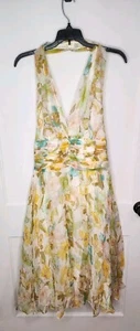 Halter Dress 100% Silk Size 14 Lined  Watercolor Pastel Floral Maggy London  - Picture 1 of 4