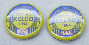 Par de botones pinback vintage Kelso Highlander Festival 1994 SW Washington - Imagen 1 de 2