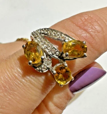 TGGC Argento Sterling IN Rilievo Giallo Citrino Zirconi Strass By-Pass Misura 7 - Immagine 1 di 4