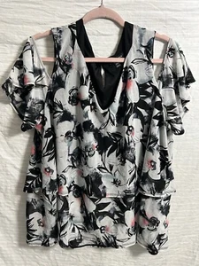 LANE BRYANT White/Black Floral Cold Shoulder Blouse Top Size 22/24 - Picture 1 of 6