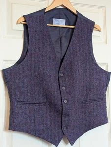 Trefriw Welsh Woollens Tweed Waistcoat 44R Blue/Purple Herringbone NEW UNWORN - Picture 1 of 6