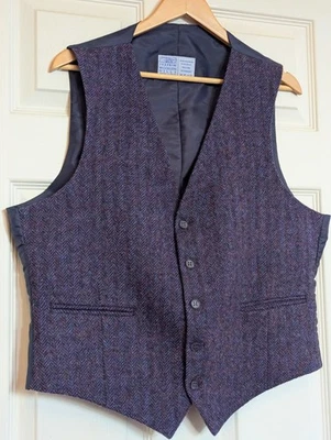 Trefriw Welsh Woollens Tweed Waistcoat 44R Blue/Purple Herringbone NEW UNWORN - Image 1 of 4