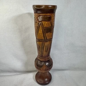 Vintage 2 Toned Hand Carved Wooden Vase With House And Flower Design - Picture 1 of 10