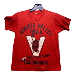Vintage YMCA Shirt Boys Medium Red Warrior Spell Out Single Stitch Screen Stars - Picture 1 of 9