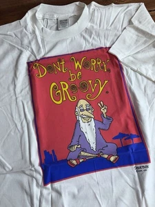 T-shirt hippie vintage Don’t Worry Be Groovy taglia GRANDE cotone bianco segno distintivo - Foto 1 di 7