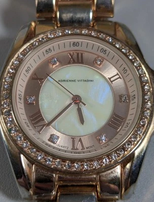 Adrienne Vittadini Pearlized Dial Crystal Accent Gold Tone Case Stainless Watch - Image 1 of 4