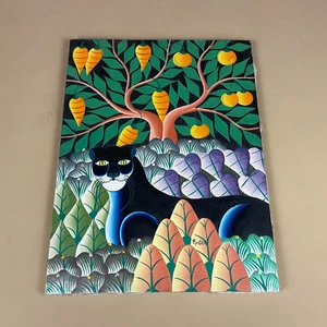 Cuadro de arte popular Jean Volcy Philemon de 1980 pantera de la selva pintura al óleo sobre lienzo - Imagen 1 de 13