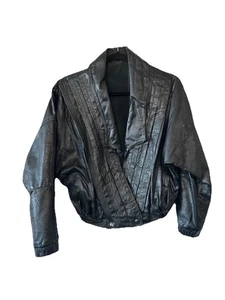 VTG 80’s Cropped Leather Jacket Black Oversized S/M Retro - Picture 1 of 16