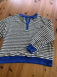 Dokotoo Henley Sweatshirt, B&W Striped With Blue Trim - Picture 1 of 4