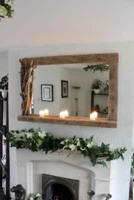 Driftwood Mirror with Candle shelf and rustic decorated frame - Image 1 of 4