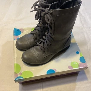 Soda Military Combat Boots Womens 8.5 Relax Grey Faux Leather Lace Up Mid Calf - Picture 1 of 9