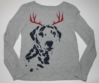 Gap Kids Girls Gray Long Sleeve Shirt Dalmatian Reindeer Christmas Size L 10 EUC - Image 1 of 3