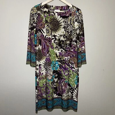 Бежевый от eci Shift платье размер 8 фиолетовый черный пейсли цветочный богемное контраст отделки - Изображение 1 из 4