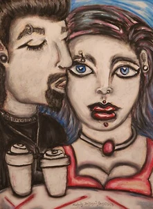 Man Woman Coffee Original Pastel Painting 9 x 12 Gothic Artist KSams Goth Couple - Picture 1 of 1