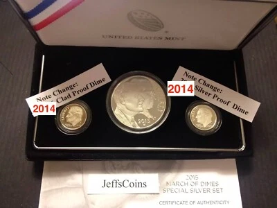 W March of Dimes Set 2015 Dollar 2014 S Clad & 90% Silver Proof Dime No Reverse - Image 1 of 4