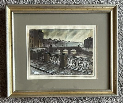Acuarela rusa firmada original vintage de un puente en San Petersburgo ~ Catyph Foto 1 de 4