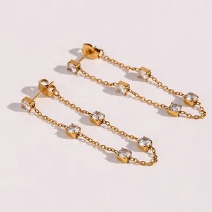Pendientes colgantes de cadena de circón geométrico elegantes chapados en oro de 18 quilates de acero inoxidable - Imagen 1 de 8