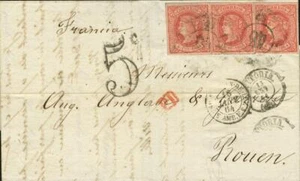 País Vasco. Historia Postal. SOBRE 64(3). 1864. 4 cuartos rojo, tres sellos. V - Imagen 1 de 1