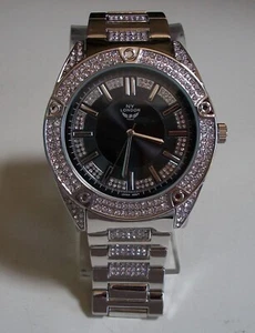 Men's Stone Silver Finish Black Dial Fashion Dressy Party Hip Hop Watch - Picture 1 of 8