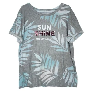Arizona Jean Co T-Shirt Girl XL Gray Blue Palm Leaf Sequin "Sunshine on My Mind" - Picture 1 of 3