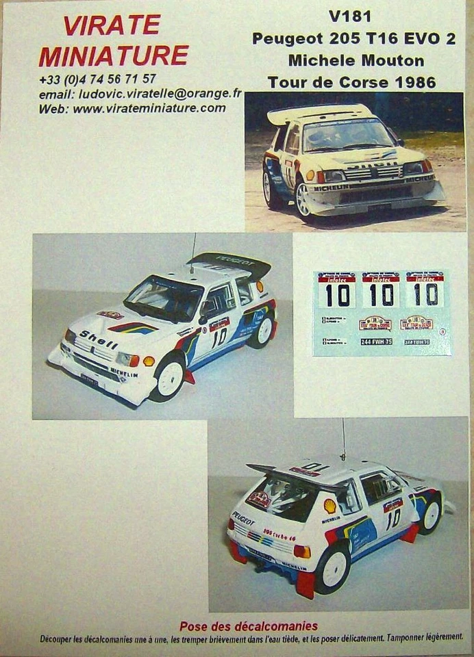 V181 PEUGEOT 205 TURBO 16 TOUR DE CORSE 1986 MICHELE MOUTON DECALS VIRATE 1/43 - Immagine 1 di 1