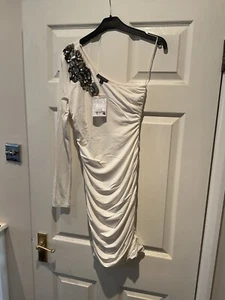 BNWT Top Shop Sequins Dress Cream One Shoulder Ruched Size 8 - Picture 1 of 5