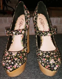 Ce Ce L'Amour Floral Pin Up Wood Platform Chunky Heels Size 6 M Gently Used Nice - Picture 1 of 11