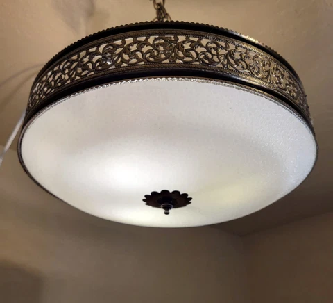 Vintage Art Deco Retro Pierced Brass White Pebble Glass Kitchen Light 15" Cover