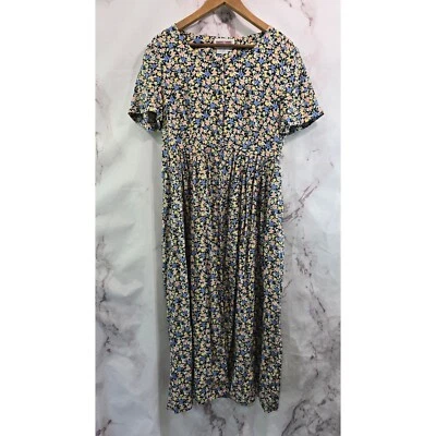 Vintage Dress Womens Large 90s Blue Pink Cottagecore Ditzy Midi Maxi Long  - Image 1 of 4